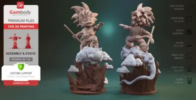 Kid Goku figurine riding a cloud, holding a staff, on a rocky base for 3D printing.