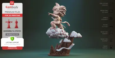 Kid character with spiky hair on a cloud, ready for 3D printing. Features dynamic pose and detailed base.