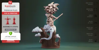 A 3D model of Kid Goku standing on a fluffy cloud, holding a staff, based on an anime character.