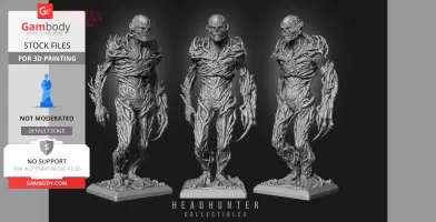 A detailed 3D model of a humanoid creature with textured skin and elongated fingers on display stands.