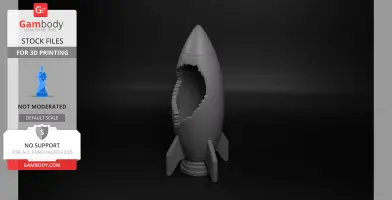 Gray rocket-shaped desk organizer with a large jagged crack on its side.