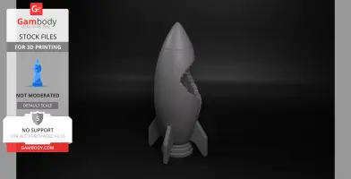 A cracked rocket model desk organizer for 3D printing, featuring fins and an interior compartment.