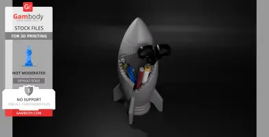 A cracked rocket-shaped desk organizer holding various pens and scissors.