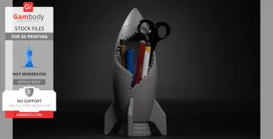 A gray rocket-shaped desk organizer with cracks, holding scissors and pens.