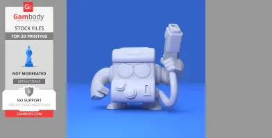 Pixelated robot character with arms and buttons, wielding a blaster, ready for 3D printing.