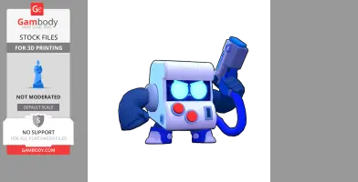 A cute, blocky robot character with blue arms and glowing eyes, holding a futuristic gun.