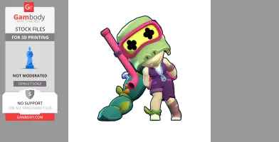 A colorful, cartoonish character with a helmet and a large plant-themed weapon.