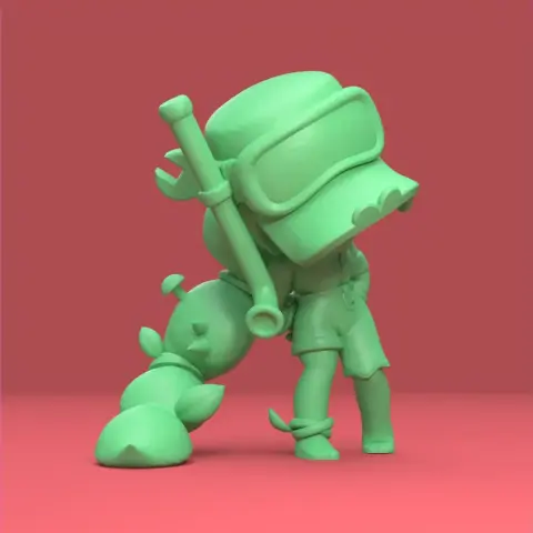 Cute cartoon-style character with oversized goggles, helmet, and a cactus-themed backpack.