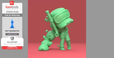 Green 3D character model with tool, visor, and plant-like features on a red background.