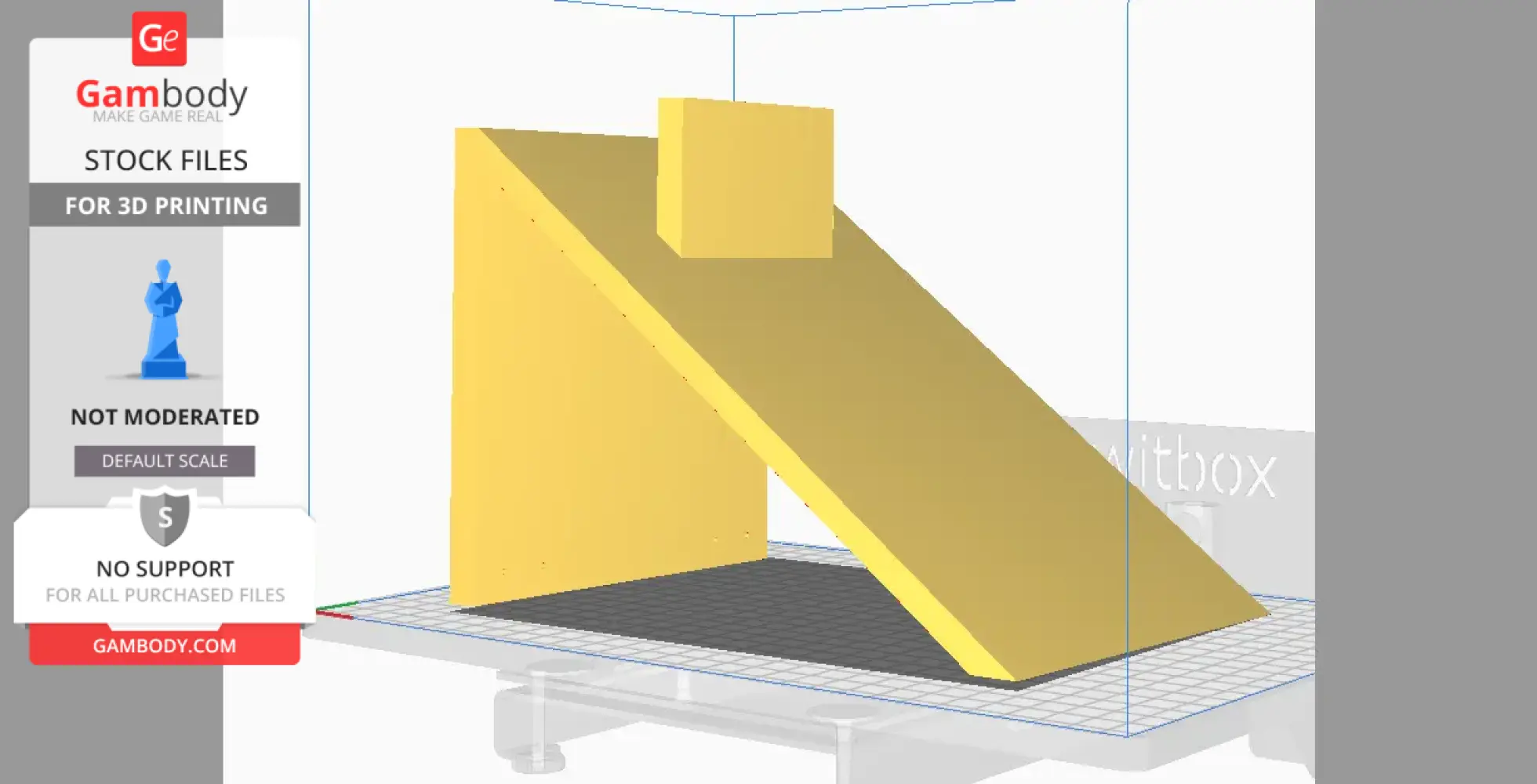 Yellow 3D model of an angular helmet stand designed for 3D printing on Gambody platform.