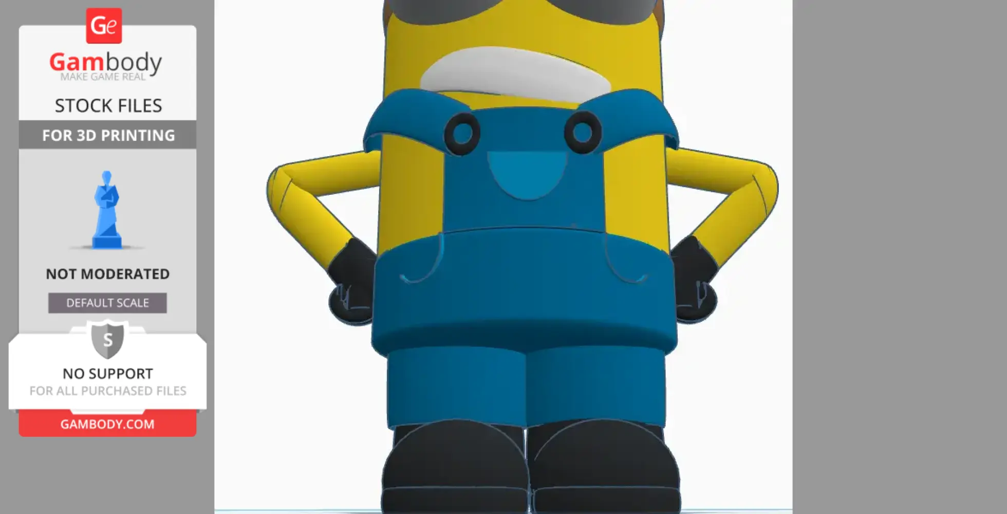 Yellow cartoon character in blue overalls and black gloves, viewed from a low angle.