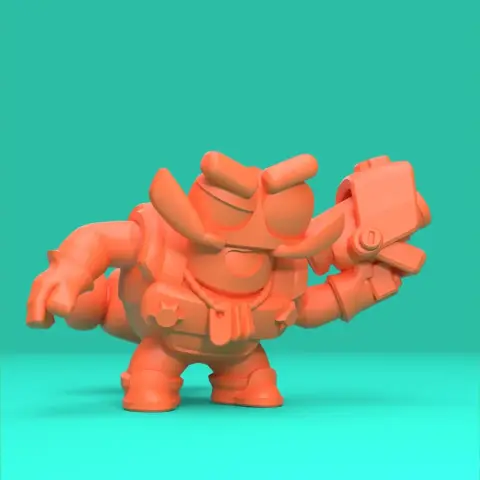 3D model of a cartoonish character with goggles holding a chunky tool or weapon, designed for printing.
