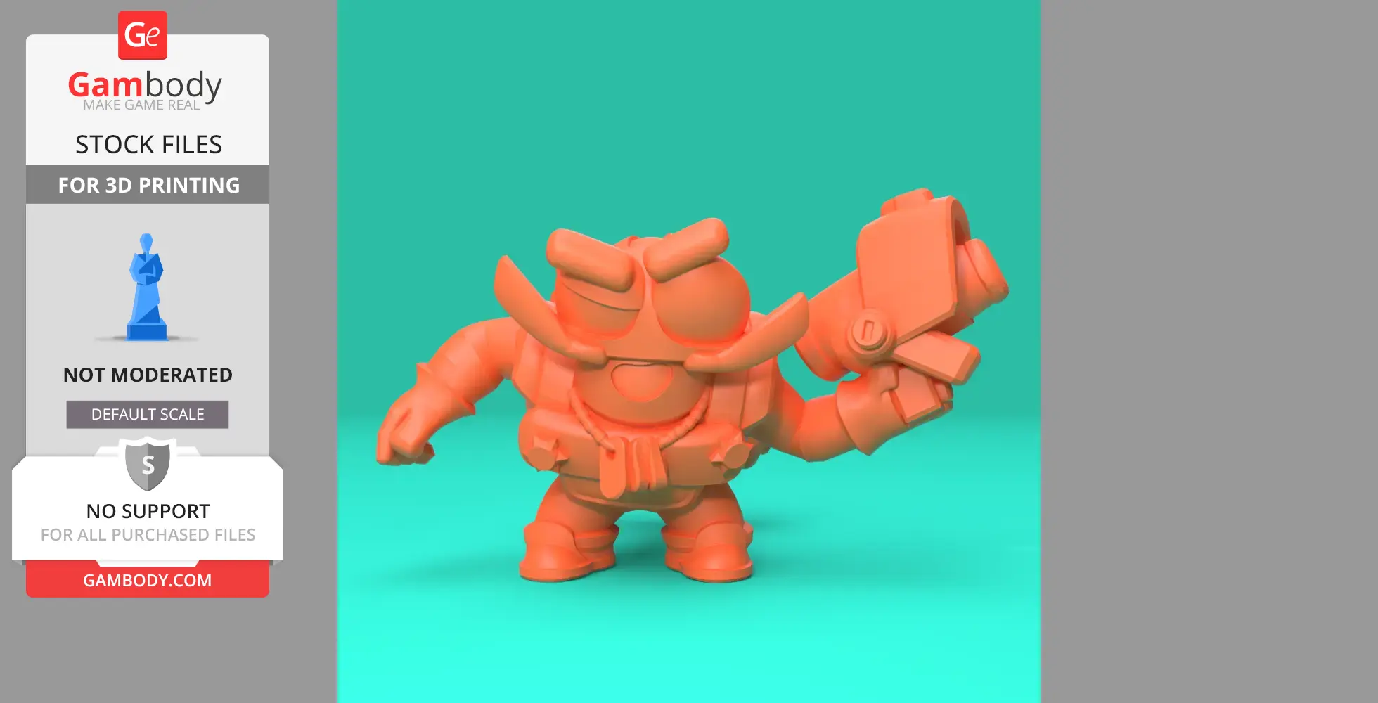 A 3D model of a cartoonish character with a big mustache and large blaster, styled for 3D printing.