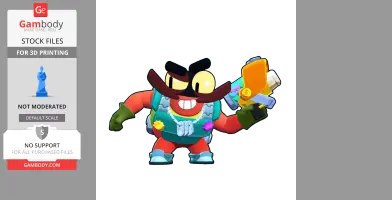 Cartoonish, colorful character with a big mustache, holding a large orange gadget in a playful pose.