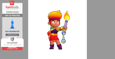 Stylized character with a torch, wearing a headband, red skirt, and purple boots, ready for 3D printing.