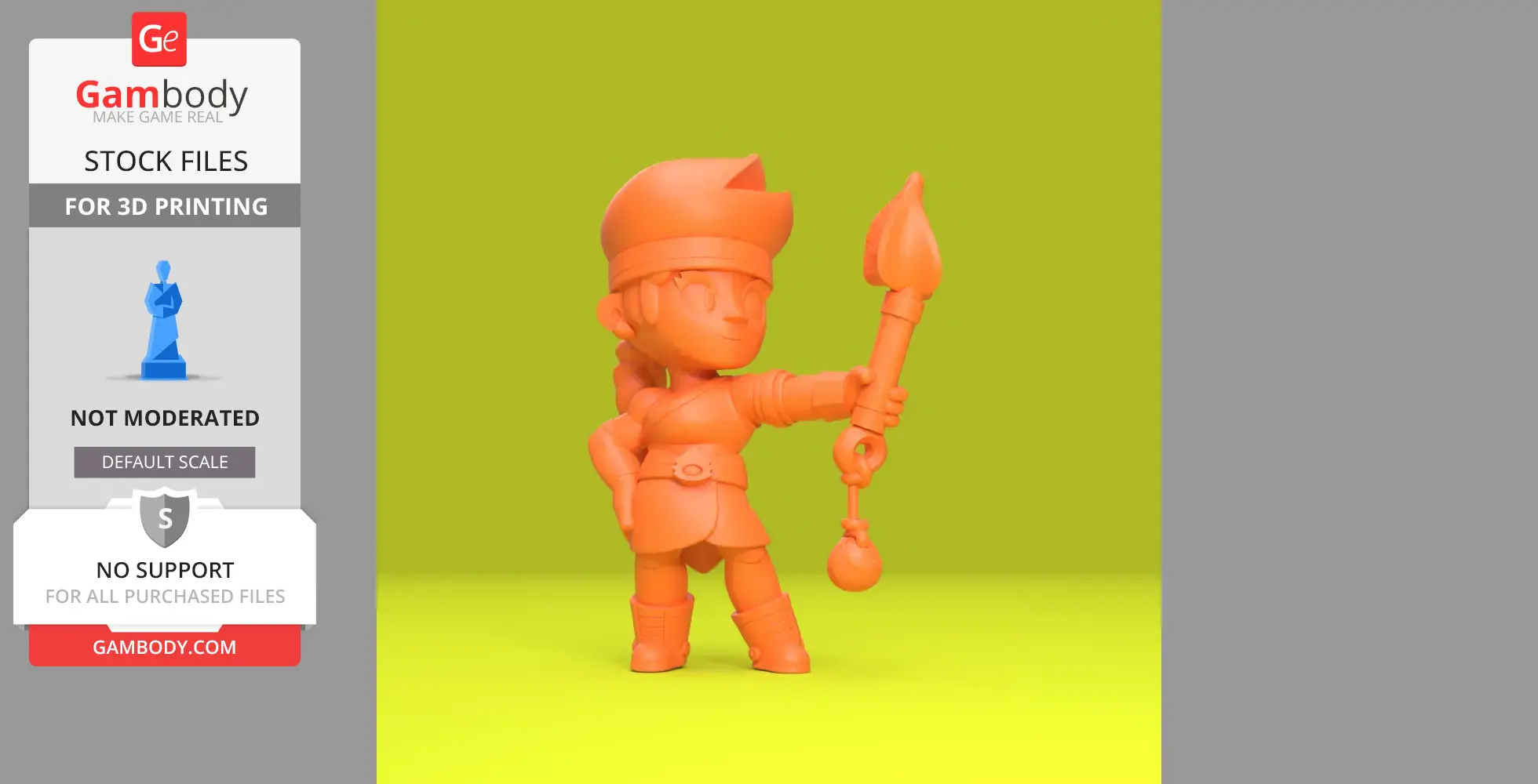 A 3D model of a cartoon character in a dynamic pose, holding a flame-like torch.