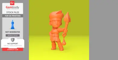 Orange 3D model of a character holding a staff, stylized and ready for printing.