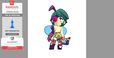 Character with turquoise hair, wings, and purple attire holding an object, set against a plain background.