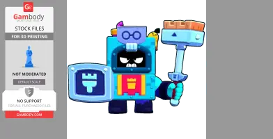 Cartoon robot with shield and mallet from Brawl Stars, featuring a colorful, blocky design.