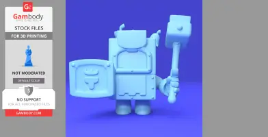 Cartoonish robot character with a shield and hammer on a blue background.