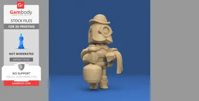 3D model of a character with a hat holding a bottle. Suitable for 3D printing.
