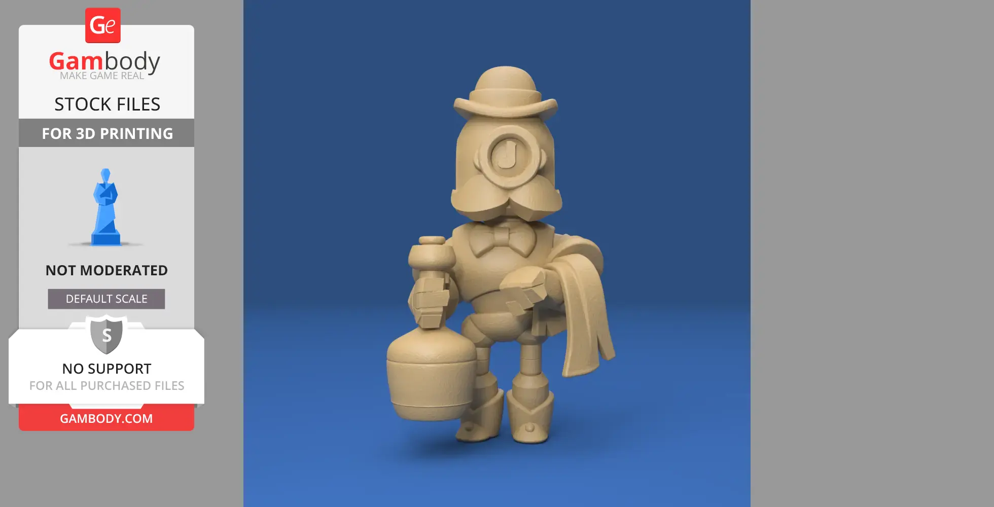 A 3D model of a robot with a top hat, bowtie, and mustache, holding a bottle and towel.