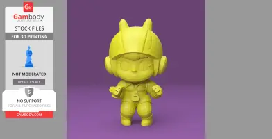 Cute chibi 3D model of a character with a helmet, round cheeks, and raised hands, ready for printing.