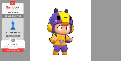 3D model of a cartoon character in a yellow and purple outfit, with a helmet resembling a bee.
