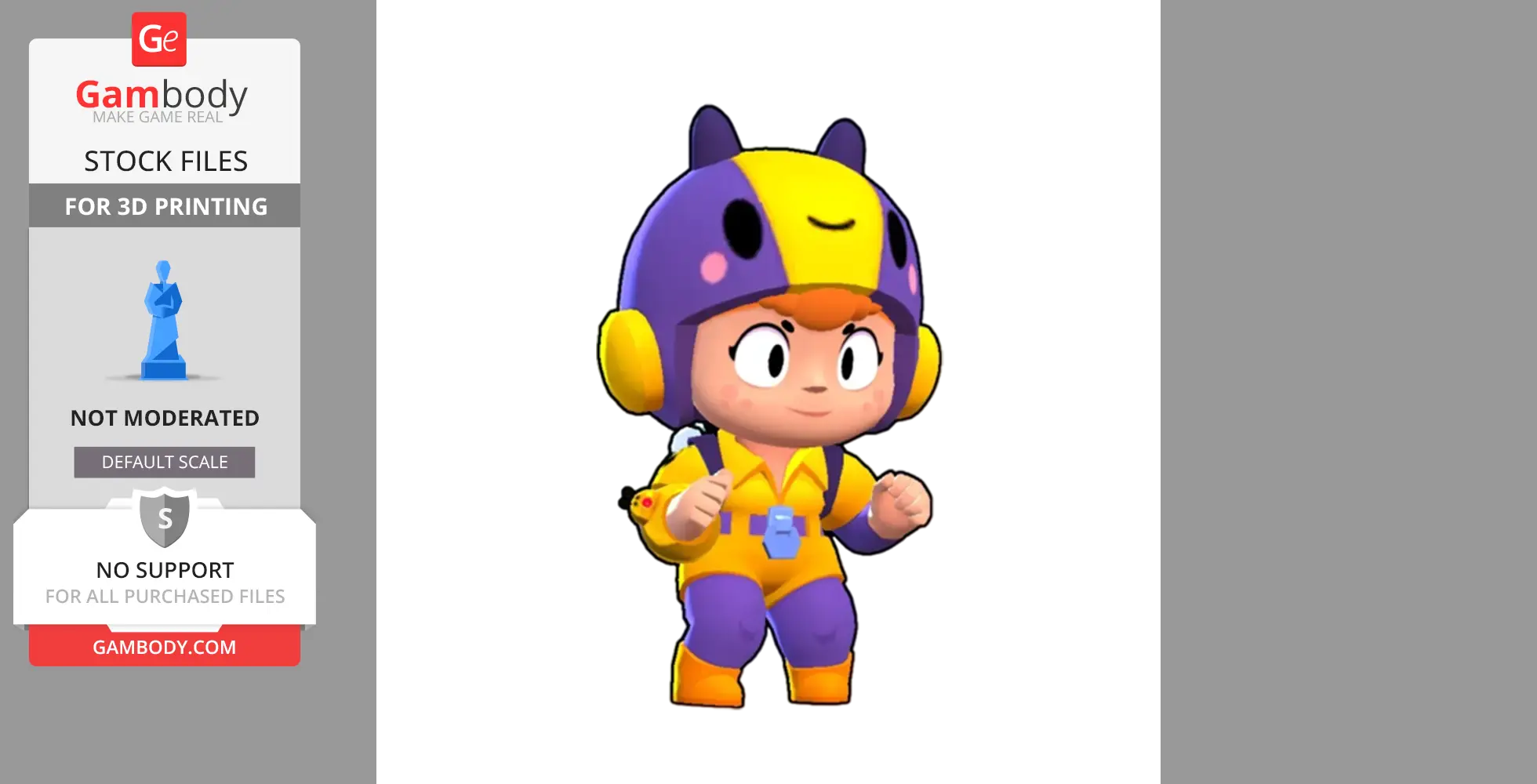 3D model of a cartoon character in a yellow and purple outfit, with a helmet resembling a bee.
