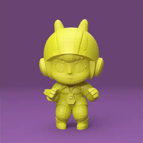 A cute 3D character with a helmet and jumpsuit, inspired by Brawl Stars, on a purple background.