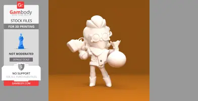 A chibi-style 3D model character with goggles, holding a large bag and a tool, designed for printing.