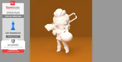 Chibi-style 3D character model with glasses, holding gadgets and a sack, on an orange background.