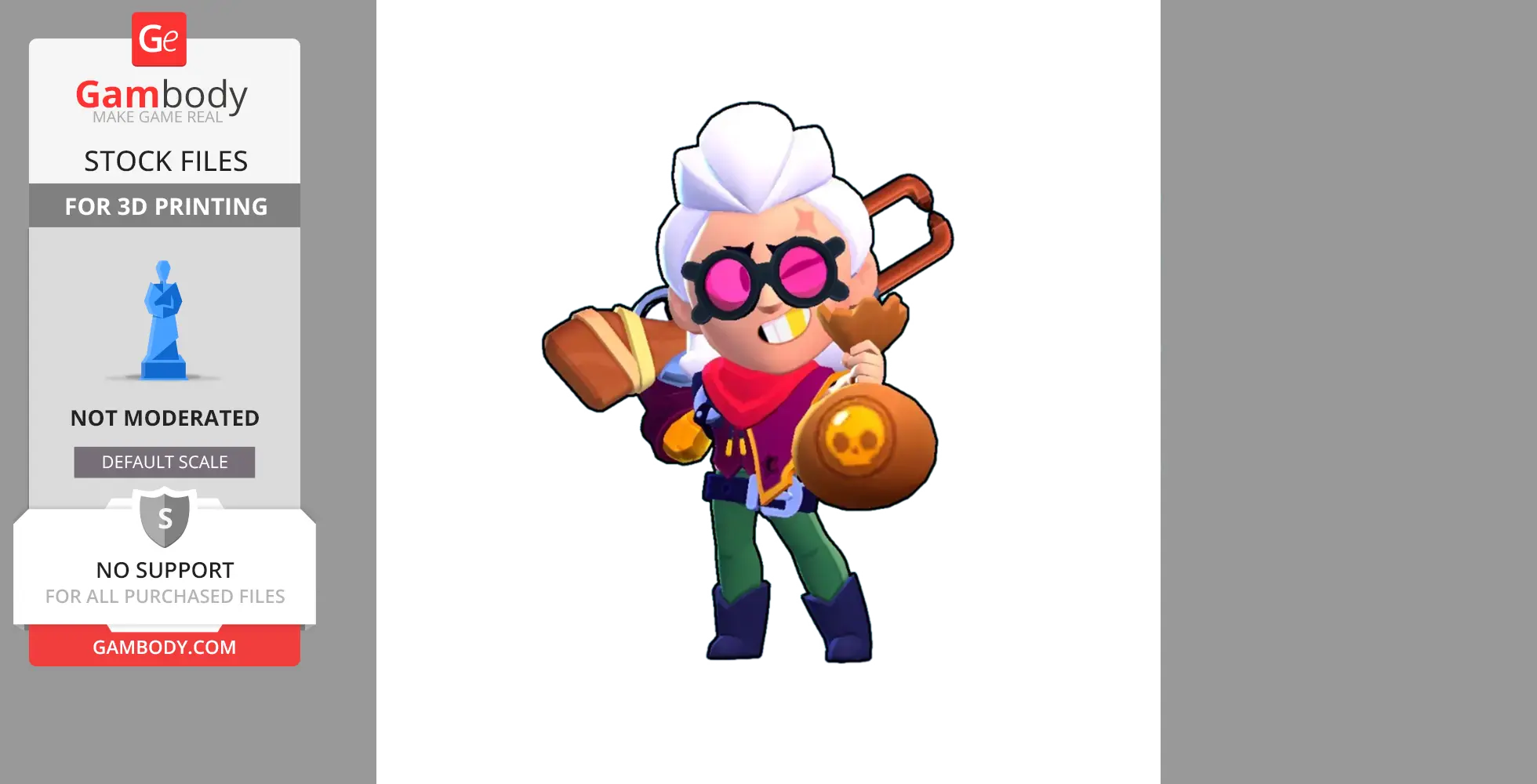 Cartoon character with white hair, pink glasses, and a rifle, from Brawl Stars, ready for 3D printing.