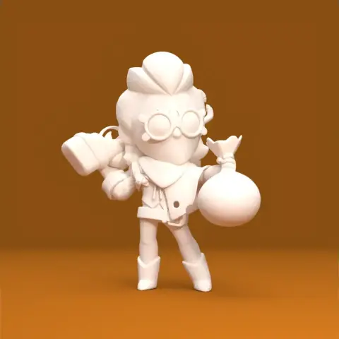 A stylized cartoon character with goggles holding a bag and a large gun, standing confidently.