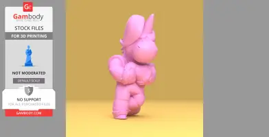 A pink, cartoonish character with a horn, resembling a stylized pony, on a yellow and gray background.