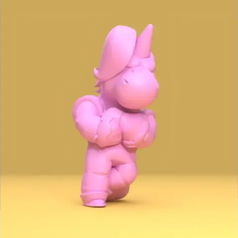 A pink cartoon character in a confident pose, with a smooth texture and rounded features.