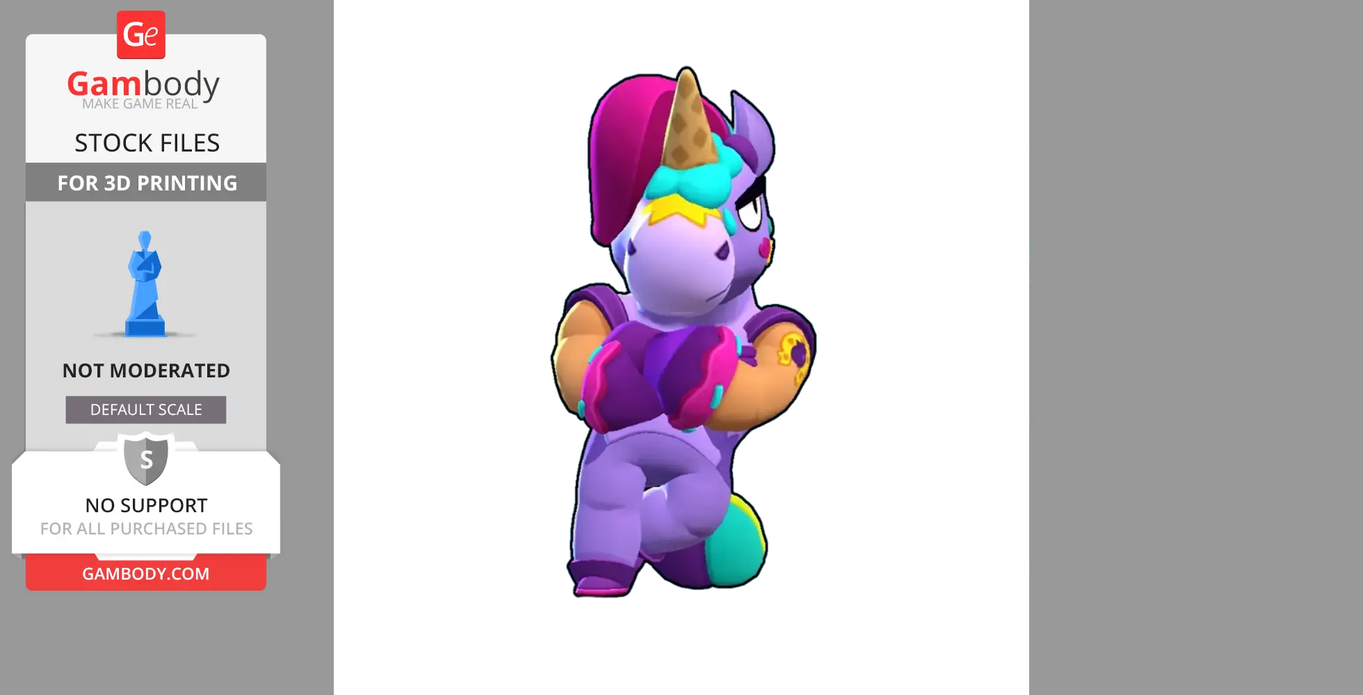 A cartoonish, purple unicorn-like character with colorful features and a waffle cone on its head.