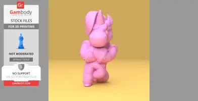 Pink cartoonish 3D character with a hat and folded arms against a yellow background.