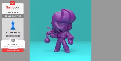 Purple 3D model of a cartoon character with a bat and distinctive hairstyle, ready for 3D printing.