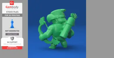 A green 3D model of an archer with a bow and quiver, standing on a blue background.