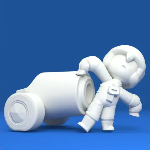 Chibi-style figure with helmet, leaning against a large cannon on a blue background.