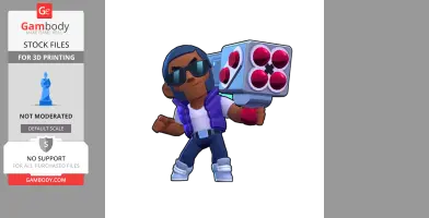 Cartoon character with sunglasses and a purple vest holding a large launcher, wearing white sneakers.