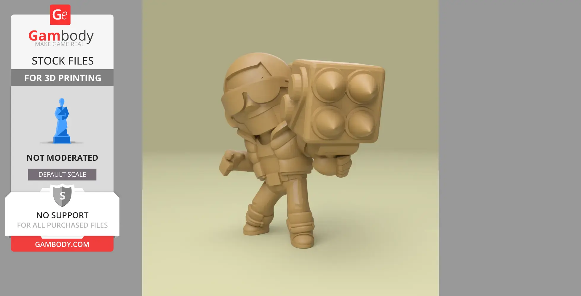 A stylized 3D model of a character with sunglasses holding a rocket launcher, ready for 3D printing.