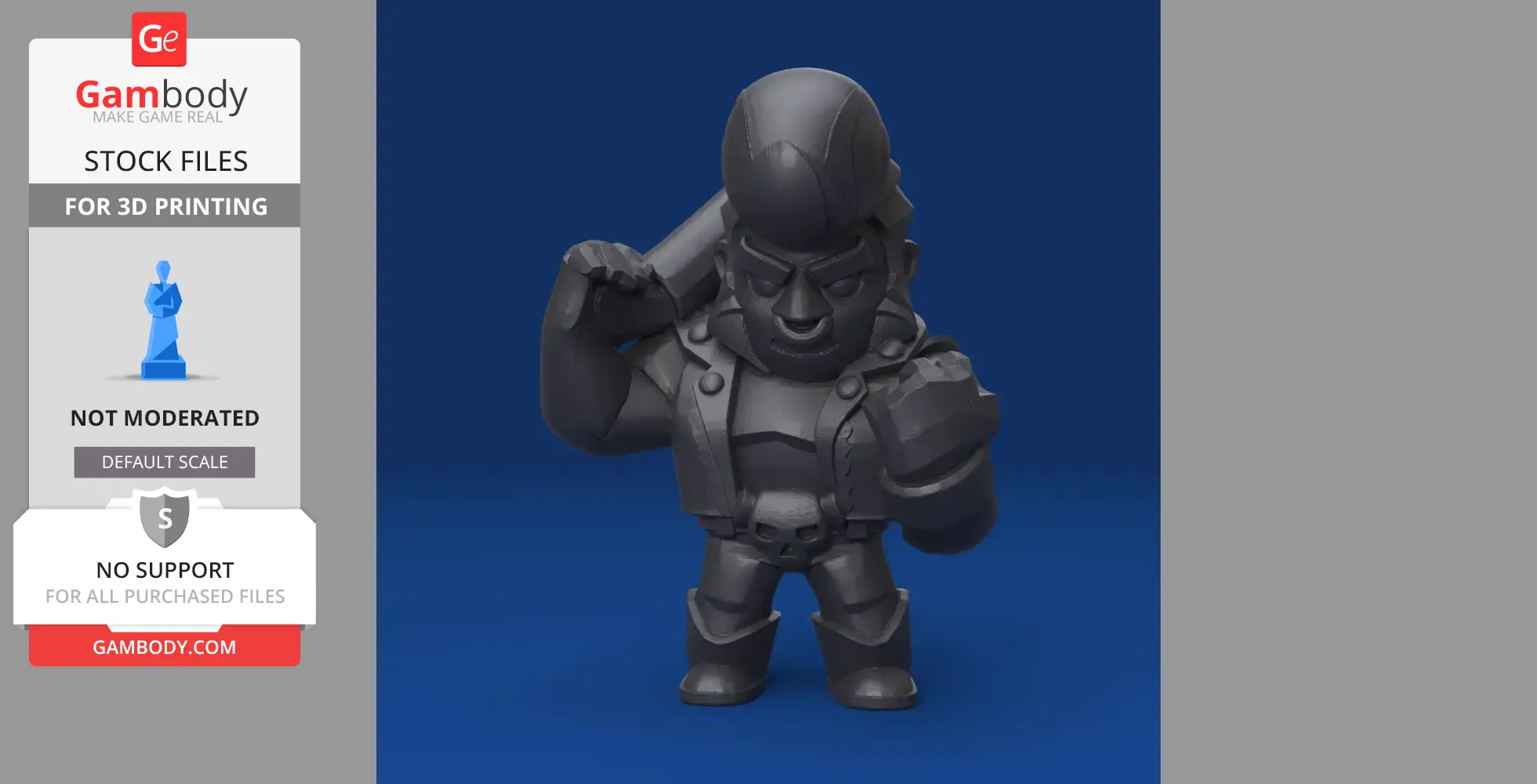 A 3D print model of a muscular character with a mohawk and fists raised, wearing a vest and boots.