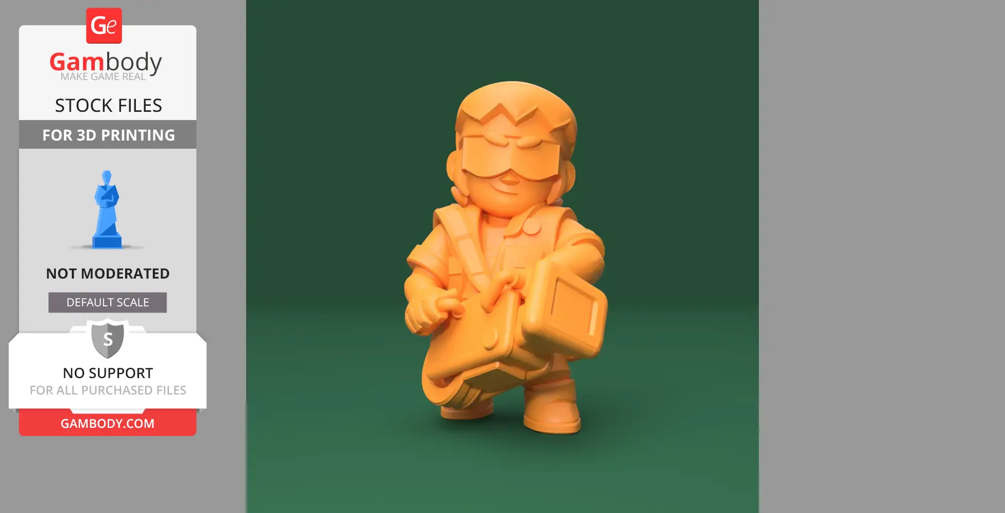 3D model of a cartoonish character wearing a large visor, holding a shield.