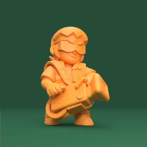 3D model of a cartoon character with a helmet and large weapon, designed for 3D printing.