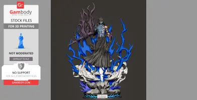 A 3D model of Mugetsu Ichigo from Bleach, surrounded by blue and dark energy, standing on rocky base.
