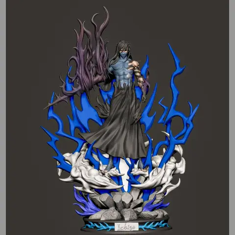 A detailed 3D model of Ichigo from Bleach in Mugetsu form, surrounded by dynamic energy effects.
