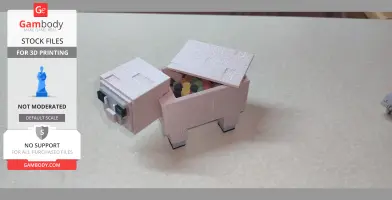 3D-printed Minecraft sheep candy holder with open lid, filled with colorful candies.
