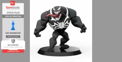 3D model of muscular black creature with a wide grin, long tongue, and white spider emblem on its chest.